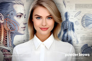 An attractive woman was in front, and pictures of facial anatomy and bone structure were drawn in the back.