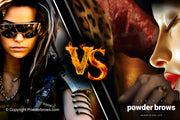 On the left is a steam-punk-style maverick female with a confident face and sunglasses; on the right is a female face kissing a ring in the hand of an older woman who has a coat with leopard skin imitation.