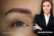 A large microbladed eyebrow on the left and an attractive woman in classic clothing on the right.