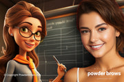 An attractive, smiling woman is on the right, and a digital avatar of a teacher is on the left.