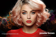 An attractive blond woman's face and pigments explode in the background.