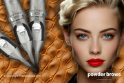 Three needle cartridges at different angles on the left and an attractive woman's face on the right.