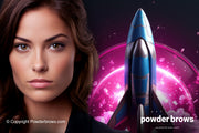 Attractive woman with a digitally created rocket in the background.