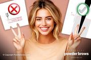 A smiling woman with both hands shows peace signs in front with pictures of needle-penetrating skin on the left and right. On the right, there is a red stop sign, and on the left, a green checkmark.