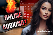 An attractive brunette is on the right, and an online calendar on a tablet screen is on the left.