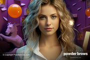 An attractive woman with blond hair in the front and a purple background with a stylized toy horse sculpture on the left and a computer on the right.