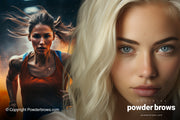 An active woman running on the left, a thoughtful woman close up on the right.