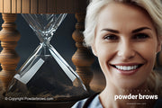 An hourglass is on the left, and a blond, confident woman is smiling on the right.
