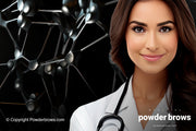 On the left is a close-up picture of a crystal molecular structure, and a woman in laboratory clothing is on the right.