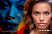 A woman on the right and a digital image of an enlarged face on the left, behind her.