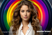 An attractive woman with a rainbow-like chromatic feel behind her with all the main colors.