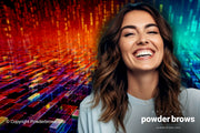 A happy, smiling, attractive woman in front, and red and greenish are flying stylized pixels on the back.