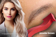 An attractive blond woman on the left, a brow created in the hairstrokes style on the right, and a red 3d arrow pointing up and right underneath the brow.