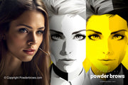 An attractive woman is on the left, and behind her is an image of two female faces in different colors, depicting before and after images.
