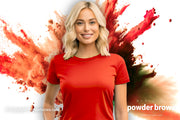 An attractive woman in front in a red t-shirt and an explosion of rusty, red-colored pigment in the back.