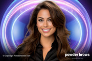 An attractive woman in front with glowing neon circles in the back.