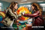 Two women with aggressive faces clashing fists together with a fireball emerging out of that kindergarten room in the background.