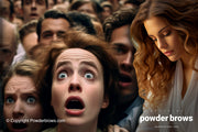 A woman is looking down and working and looking at a screen in front of a large crowd of shooting people with eyes and mouths open in the back.