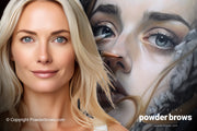 A confident blonde woman is on the left, and a close-up painting of a young woman's face is on the back.