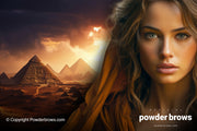 An attractive woman with a hood in front on the right and pyramids on the back.
