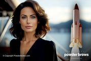 An attractive woman on the left with a rocket launch on the right.