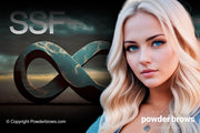There is an attractive woman on the right and an infinity sign with the letters SSF on the left.