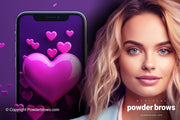 An attractive woman is on the right, and a large picture of a smartphone with purple hearts is on the left.