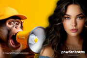 An attractive woman with curly hair on the right in front and a monkey with a yellow cap and yellow megaphone in the back on a yellow background