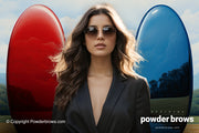 An attractive woman with eyeglasses between large red and blue pills.