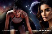 A sporty black woman in a position to start running and the face of a caucasian woman on the right and planets in the background.