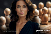 An attractive woman in front with rows of wooden game pieces behind her.
