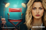 An attractive blonde woman on the right and a chair with two spotlights pointingt at it on the back, left of her.