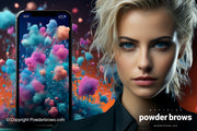 A smartphone with stylized bubbles and pigment explosions coming out on the left and a blonde, short-haired, attractive woman on the right.
