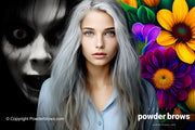 A scary horror movie type of face in black and white on the left, an attractive young woman with gray hair in the middle, and bright flowers on the right.