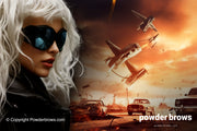 A woman with white hair and sunglasses (Cyberpunk style) on the left and a stylized view of battle with cars exploding and plains crushing on the back.