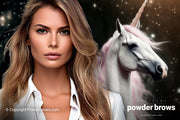 An attractive woman is on the left, and on the right is a realistic picture of an unicorn.