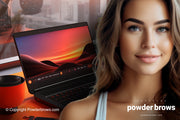 An attractive woman is on the right, and a laptop is on the table on the left.