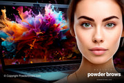 A black-haired woman is in front and a laptop with colors exploding out of the screen on the back.